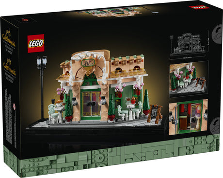 LEGO Icons French Cafe building kit showcasing a detailed French bistro facade with seating and streetlight.