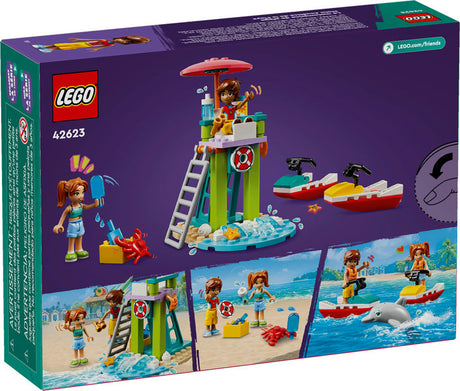 LEGO Friends Beach Water Scooter set with lifeguard tower, mini dolls, water scooters, dolphin, and crab accessories.