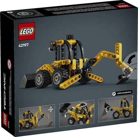 LEGO Technic Backhoe Loader toy with movable front scoop and rear digger for construction play and engineering fun.