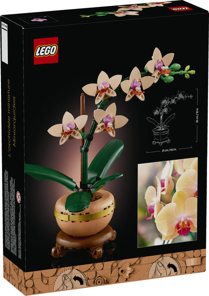 Bontanicals Mini Orchid LEGO set with five blooming orchids in a terracotta pot on a wood-effect plinth.