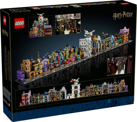LEGO Harry Potter Diagon Alley Wizarding Shops microscale display featuring iconic magical buildings and microfigures.