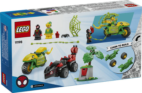 Spidey Spin and Electro Dinosaur Vehicle Chase LEGO set with 2 minifigures, dino vehicles, web, and accessories for creative play.