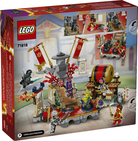 LEGO Ninjago Tournament Battle Arena playset with minifigures, moving platforms, collapsing staircase, and battle features.