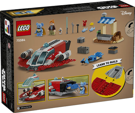 LEGO Star Wars The Crimson Firehawk set with starship, speeder bike, marketplace, and three minifigures.