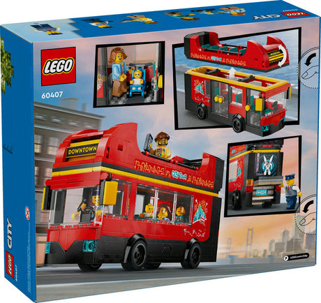 City Red Double-Decker Sightseeing Bus toy set with minifigures, open-air deck, and rotating destination display.