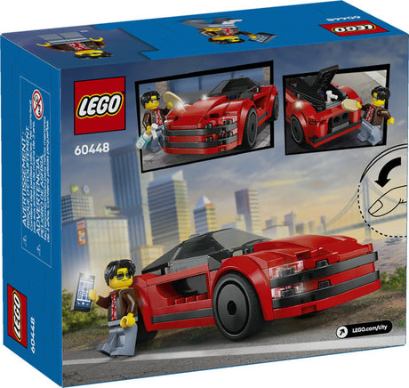 LEGO City Red Sports Car with low-profile tires, tinted cockpit, driver minifigure, and toy accessories for kids age 5+.