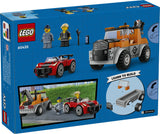 City Tow Truck and Sports Car Repair LEGO set with tow truck, sports car, and driver minifigures for creative play.