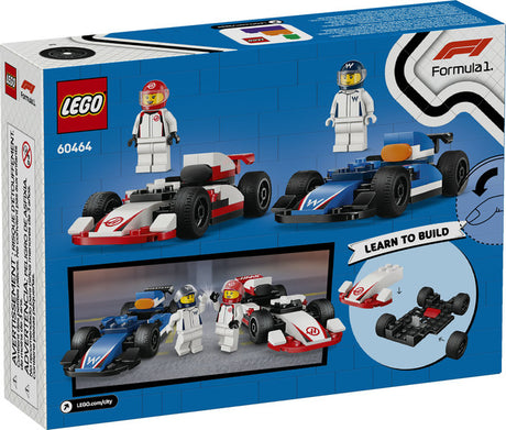 City F1 Williams Racing & Haas F1 Race Cars LEGO set featuring two Formula 1 race cars and driver minifigures.