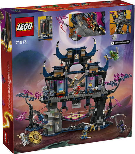 Ninjago Wolf Mask Shadow Dojo building kit with minifigures, traps, courtyard, weapons, and zip lines for ninja combat play.