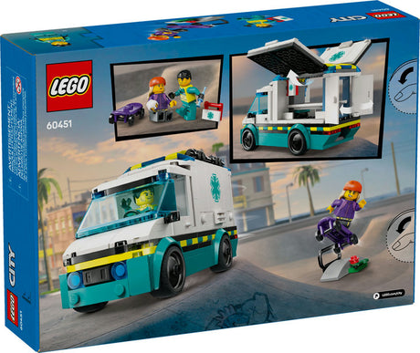 LEGO City Emergency Ambulance set with ambulance vehicle, paramedic, skateboarder minifigures, and medical equipment toy playset.