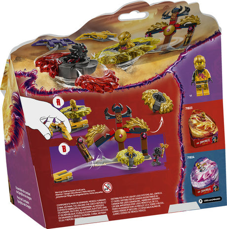 Ninjago Dragon Spinjitzu Battle Pack with two spinners, minifigures Arin and Ras, and battle arena temple toy set.
