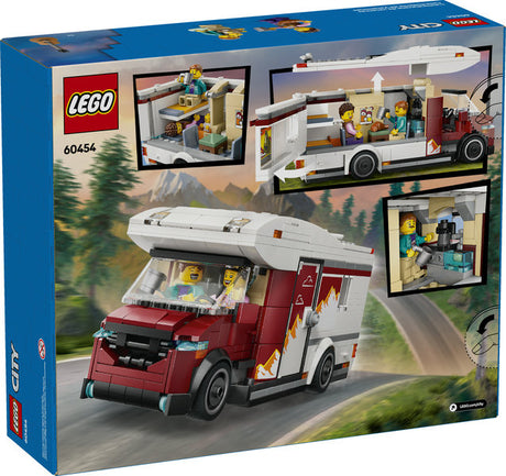 LEGO City Holiday Adventure Camper Van with detailed interior including kitchen, bunk beds, and family minifigures for imaginative play.
