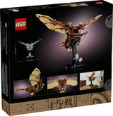 LEGO Icons Leonardo da Vinci's Flying Machine model with flappable wings and display stand featuring minifigure.