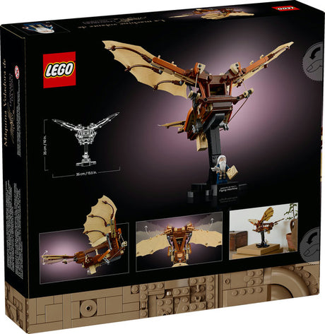 LEGO Icons Leonardo da Vinci's Flying Machine model with flappable wings and display stand featuring minifigure.