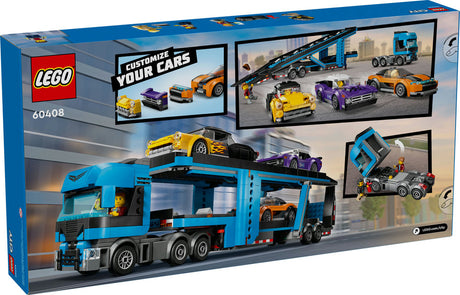 City Car Transporter Truck with Sports Car toy set showing truck with trailer and three sports cars on ramps for play.