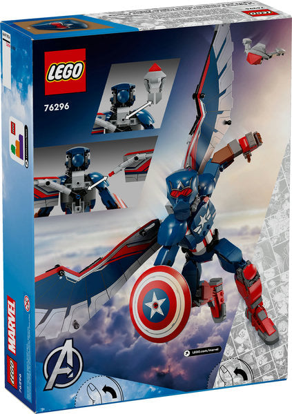 Super Heroes Marvel New Captain America Construction Figure with movable joints, shield, and detachable Redwing drone toy in dynamic pose.