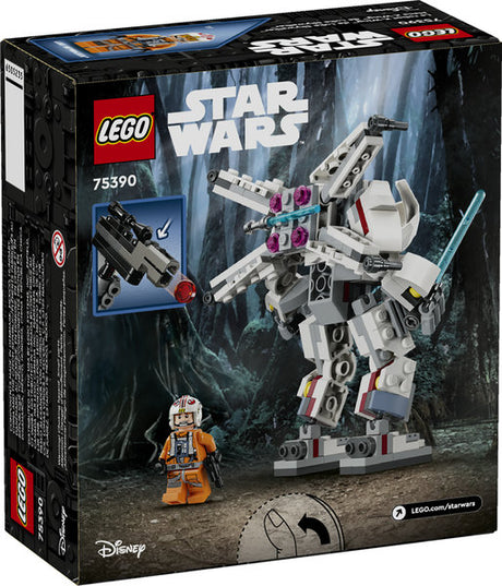 LEGO Star Wars Luke Skywalker X-Wing Mech with posable limbs, lightsaber, stud-shooting blaster, and pilot minifigure.