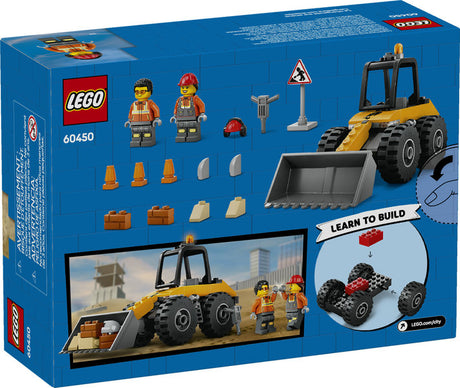 LEGO City Yellow Construction Wheel Loader toy set with minifigures, traffic cones, and roadwork signs for kids age 4+.