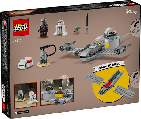 LEGO Star Wars Mando and Grogu's N-1 Starfighter model kit with Mandalorian, Grogu, and R5-D4 minifigures.