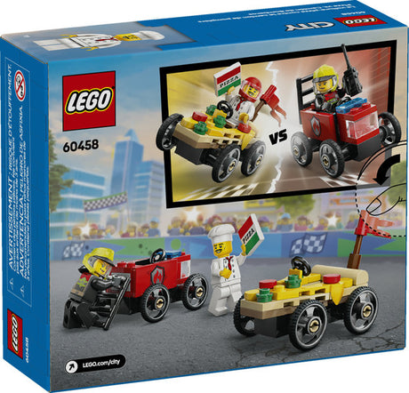 City Pizza vs Fire Truck Race Cars LEGO set with 2 race cars and minifigures for kids' urban racing fun.
