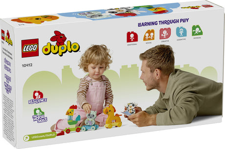 LEGO DUPLO Animal Train set with toddler and adult playing with colorful animal train toys and building blocks.