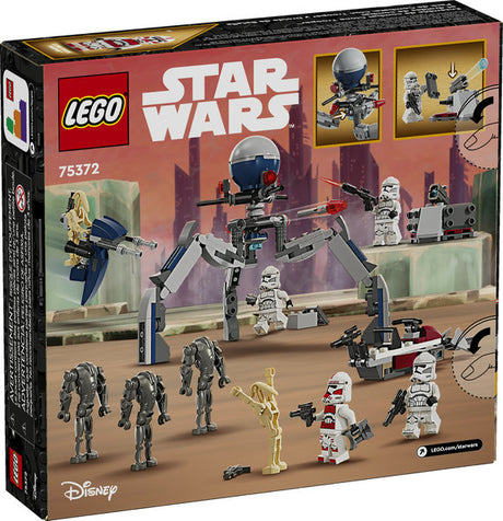 LEGO Star Wars Clone Trooper & Battle Droid Battle Pack featuring minifigures, speeder bike, STAP, and tri-droid with shooters.