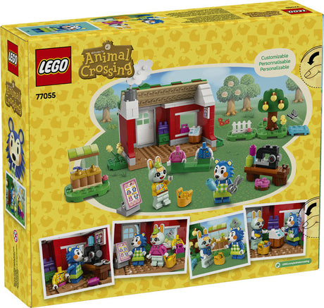 LEGO Animal Crossing Able Sisters Clothing Shop playset with Mabel and Sasha minifigures customizing outfits.