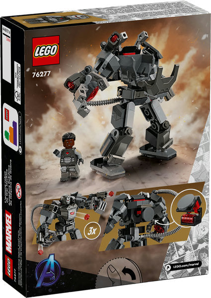 Super Heroes Marvel War Machine Mech Armor LEGO set with articulated robot and minifigure in battle pose.
