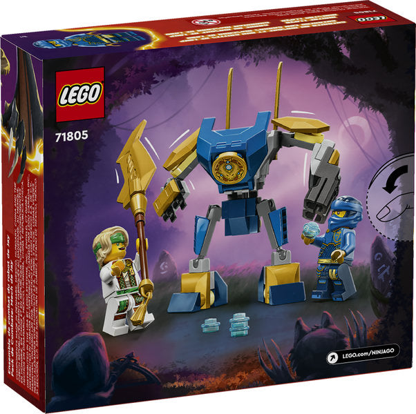 LEGO Ninjago Jay's Mech Battle Pack featuring a posable mech with golden sword and four minifigures with accessories.