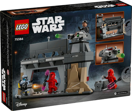 LEGO Star Wars Paz Vizsla and Moff Gideon Battle set with Mandalorian base, minifigures, turret, and accessories.