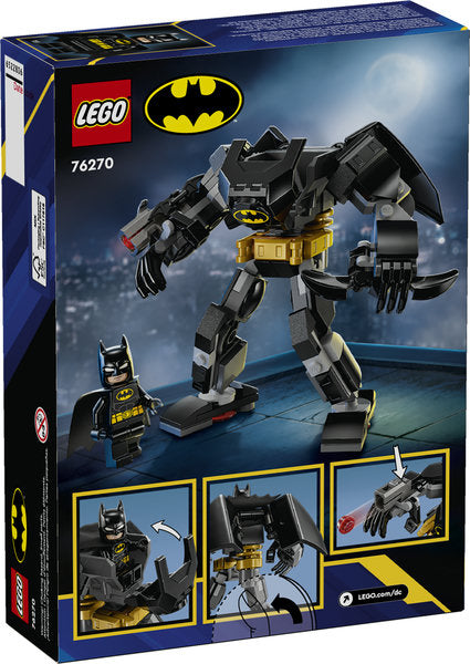 LEGO Super Heroes DC Batman Mech Armor with pilot minifigure, buildable Batarang, and movable cape in dark city background.
