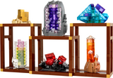 Buildable shelving units displaying colorful crystal formations of pyrite, amethyst, fluorite, tourmaline, rhodochrosite, and quartz made with bricks.
