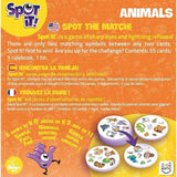 Spot it game box showing cards with colorful animal symbols for a fast-paced matching game suitable for children.