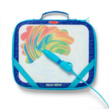 Blue zippered case with built-in drawing board and water pen revealing colorful rainbow swirl design