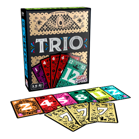 Trio card game box and colorful numbered cards laid out for 3-6 players aged 8 and up with playful design.