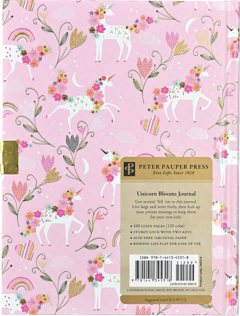 Pink hardcover journal with floral unicorns, gold accents, lock, and label detailing features and specs