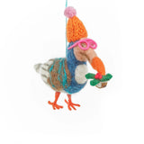 Felt dodo bird ornament wearing neon orange hat and pink glasses holding green holly with red berries hanging by string