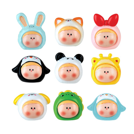 Nine collectible Lil' Bebes toys wearing cute animal and character-themed costumes in pastel and bright colors.