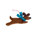 Handmade brown felt dachshund ornament wearing a bright blue scarf, perfect for holiday decor or gifting.