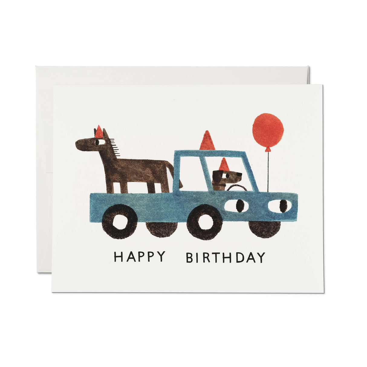 Birthday card featuring a blue truck with a dog and horse wearing party hats and a red balloon on white background