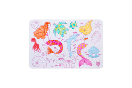 Mini Play Mat Mermaid reversible silicone drawing mat with colorful sea creatures and 4 markers for kids on the go.