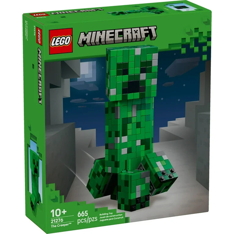 LEGO Minecraft The Creeper buildable figure with posable legs and a hidden compartment holding a minifigure and TNT piece.