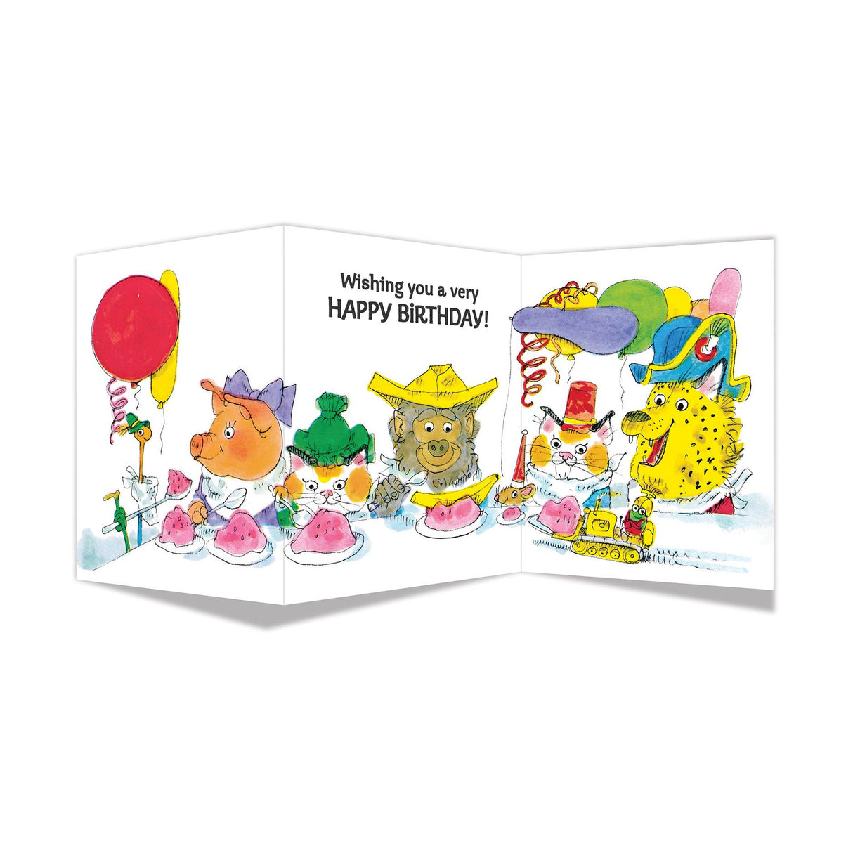 Bright tri-fold birthday card with whimsical animal characters wearing hats and enjoying a festive party scene