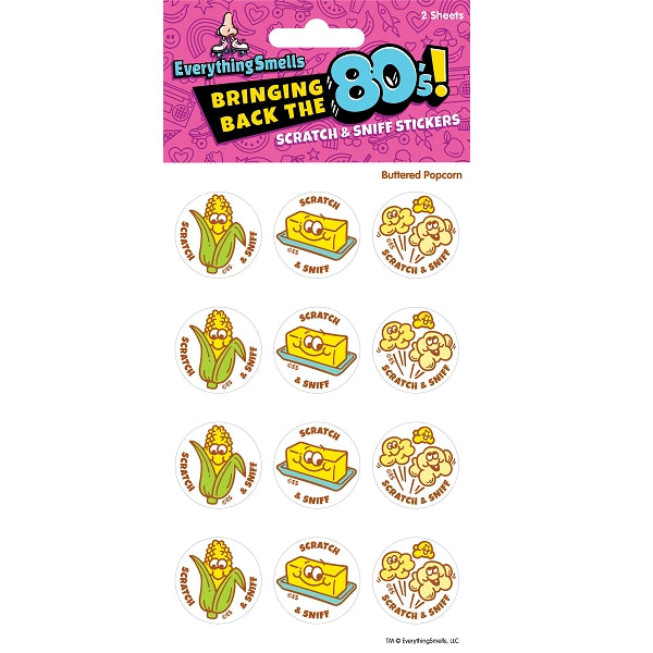 Pack of 24 Buttered Popcorn scratch and sniff stickers with corn, butter, and popcorn designs from the 80s collection