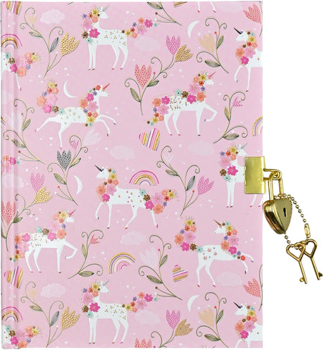 Pink locking diary with embossed unicorns, floral patterns, gold heart lock, and two keys on cover