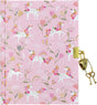 Pink locking diary with embossed unicorns, floral patterns, gold heart lock, and two keys on cover