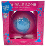 Colorful bubble bath bomb in pink packaging with bubble gum scent and a unicorn surprise inside