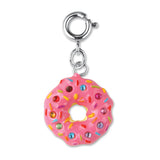 Donut Charm with pink icing, colorful sprinkles, and gemstone details, perfect for bracelets or necklaces.