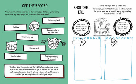 Open pages of a children's activity book teaching signs of anger and ways to manage emotions through drawing and writing exercises.