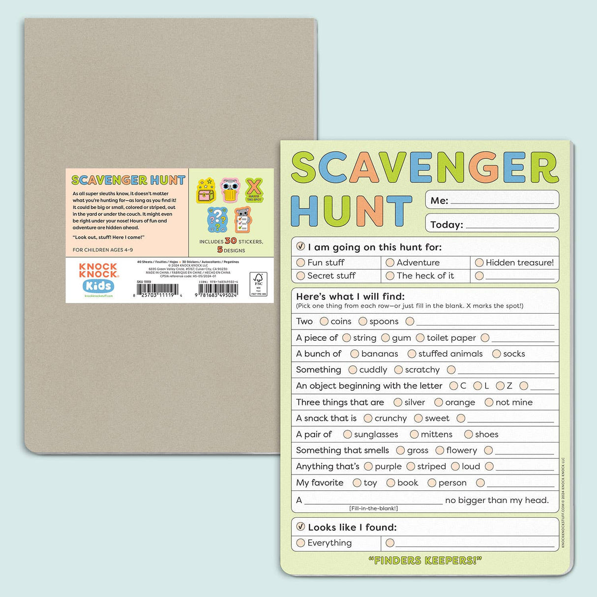 Front and back views of a colorful scavenger hunt pad for kids with interactive treasure hunt lists and stickers